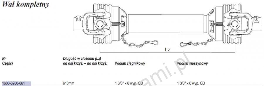 Wał Weasler 270Nm. (Lz=610 mm., Lmax=850 mm.) zast: Kosiarka 1,35, opryskiwacze, rozsiewacze