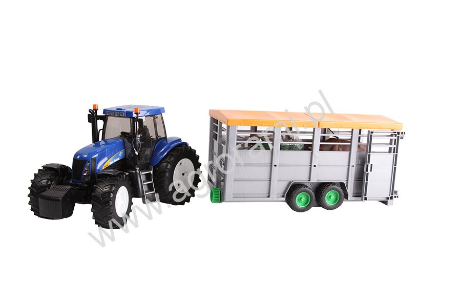Traktor New Holland T8040 (03020) z przyczepą dla zwierząt (02227) i figurką krowy 01695