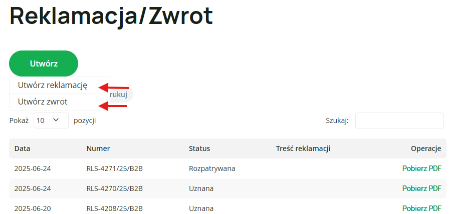 Utwórz reklamację lub zwrot