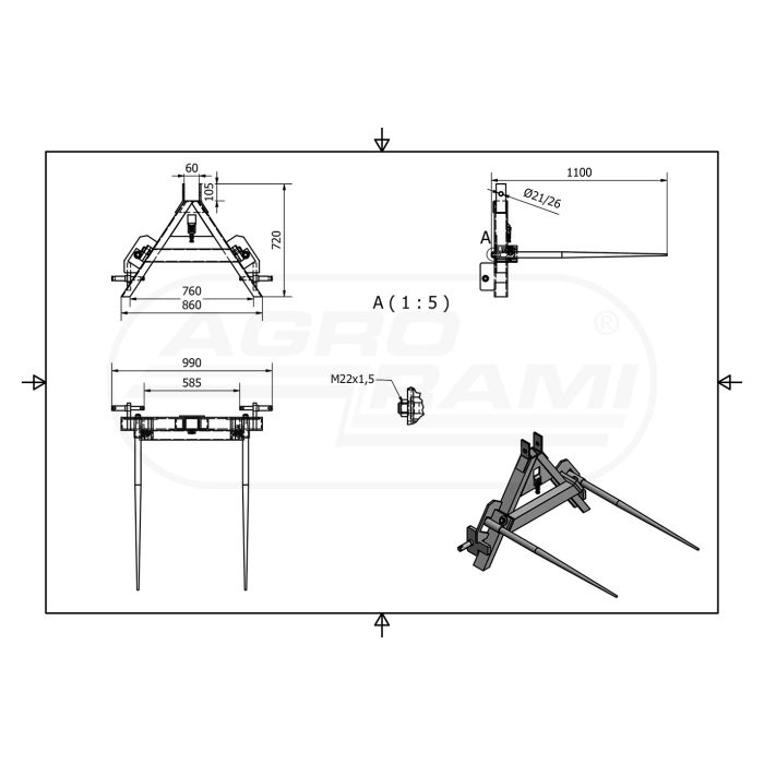Trójkąt  zaczepowy, Widły do bel 800kg