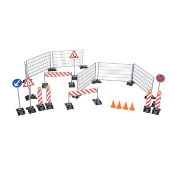 Zestaw akcesoriów budowlanych: ogrodzenia, znaki i słupy