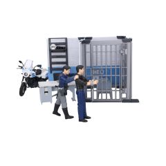 Komenda policji plus policjant na motorze i podejrzany